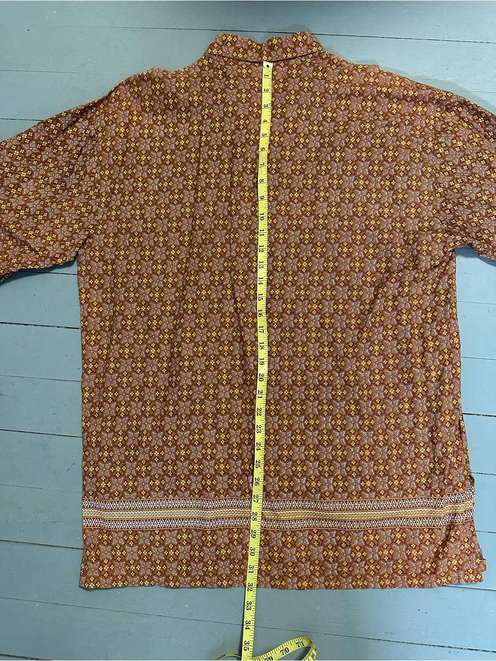Men's Casual Button-Down Shirt in Rust Floral Print Batik Vintage